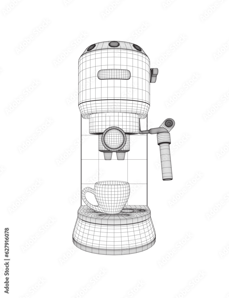 Poster coffee maker machine with coffee cup wireframe flat design. wireframe espresso machine flat design c