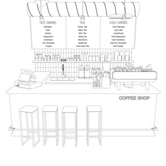 Empty cafe interior contour. Flat design vector illustration. Interior background , modern coffee shop counter bar scene. Coffeehouse, coffee shop or cafe.