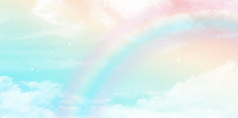 Fototapeta na wymiar A soft cloud background with a pastel colored orange to blue gradient. Fantasy magical landscape the rainbow on sky abstract with a pastel colored background and wallpaper.