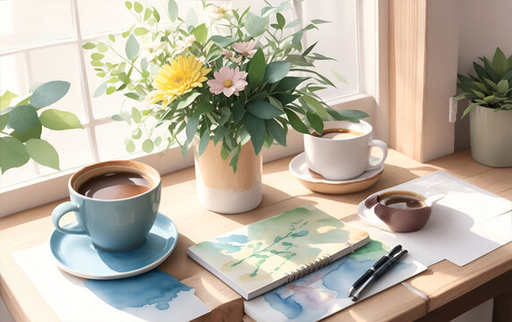 cozy cafe table arrangement, coffee with flowers and a notebook on the table with window and morning light
