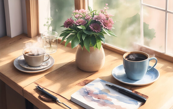 cozy cafe table arrangement, coffee with flowers and a note book on the table with window and morning light
