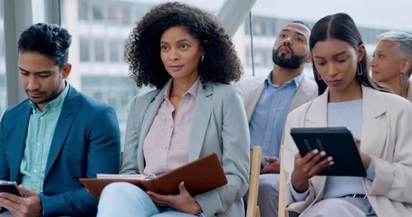 Business people, writing and audience at workshop in group, training or team building in office. Men, women and crowd with listening, learning and notes in books, tablet and development at trade show