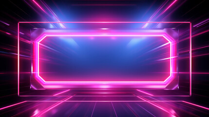 Pink neon border frame in dark empty room background. Copy space. Generative AI