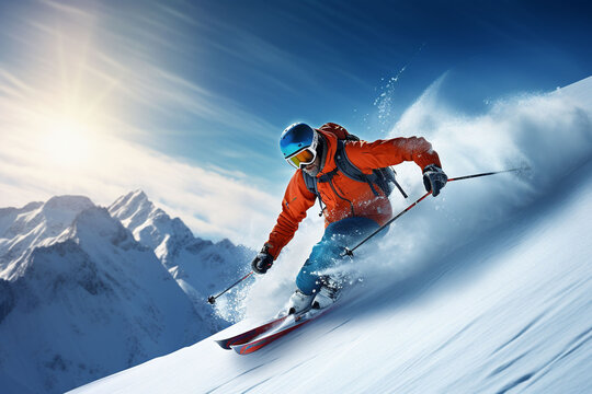 Skier skiing downhill in high mountains