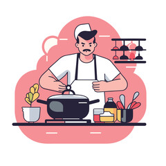 chef cooking in the kitchen, flat art design vector