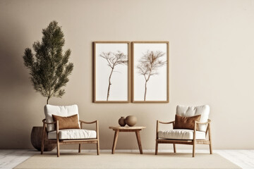 Home minimal interior design living room with beige cozy tone style, decorate with clean home furniture, and warm tone background, empty wall for mock up and banner, with Generative Ai.
