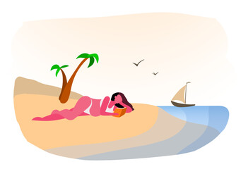 Obraz na płótnie Canvas a young, pregnant girl enthusiastically reads a book on the beach. Sea and ship