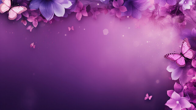 Purple border with flowers and butterfly. Postcard, card, banner, background. Copy space.  Generative AI