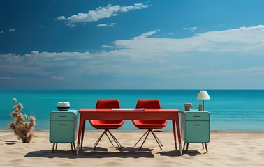 office meeting furniture in the middle of the beach, generative ai