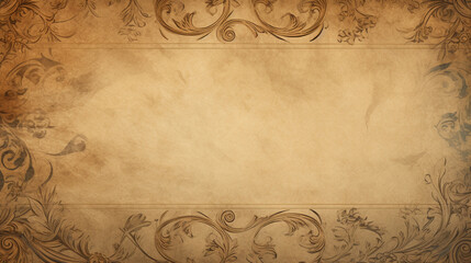 Empty classic banner, background, border. Beige brown paper texture. Retro vintage style. Old postcard. Copy space. 