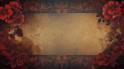 Empty classic banner, background with red flowers border. Retro vintage style. Old postcard. Copy space.