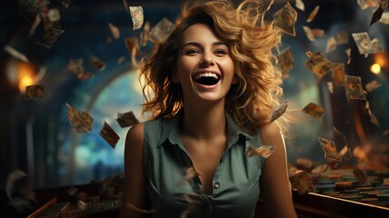 Fototapeta premium young woman winning the jackpot, generative ai