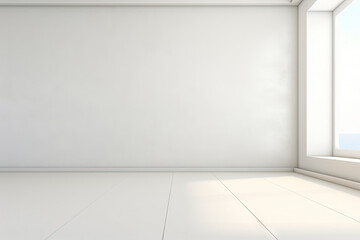 Minimal interior empty room with blank wall and floor with natural sun light cast shadow of window, cozy tone style background, copy space for mock-up, with Generative Ai.