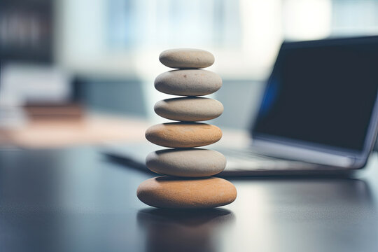 Zen stones on the desk with laptop in office