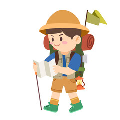 Hiking kid cute boy backpack looking map and active lifestyle outdoor activity 