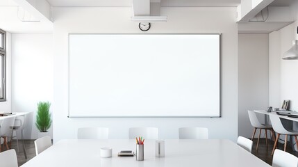 A pristine whiteboard in a modern meeting room, ready for ideas and brainstorming. Generative AI