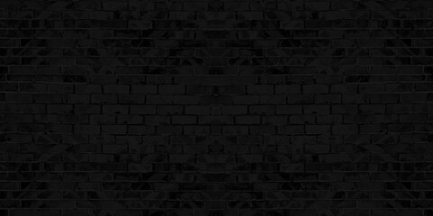 The dark black brick wall has a rough surface as a background image. Background of black bricks wall pattern texture.