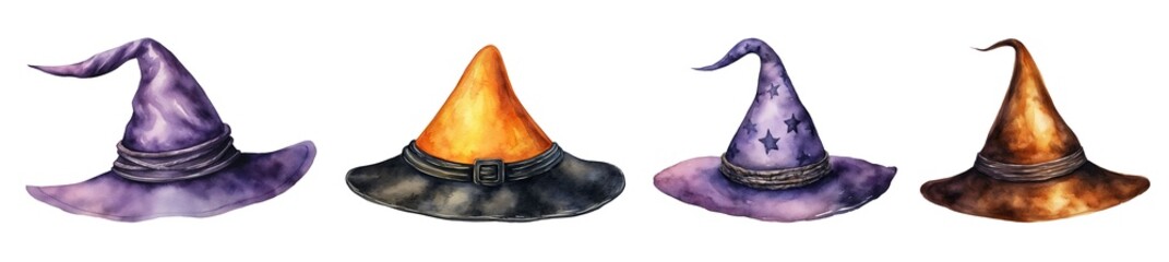 Watercolor illustration of witch hats isolated on white background - obrazy, fototapety, plakaty
