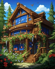 Next to the forest, a vine-covered building bloomed with flowers. (Generative AI)