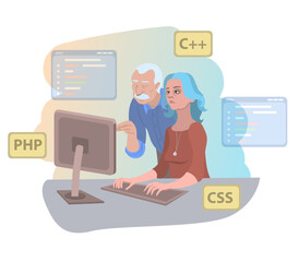 a man and a woman in their 50s work as programmers in a team and develop applications