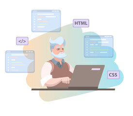 a man in his 50s works as a programmer in the office and develops applications