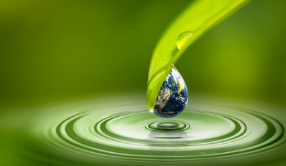 World water day. A globe in the shape of a drop of water falling on green leaf. Elements of this image furnished by NASA
