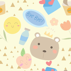Seamless Pattern with Cartoon Bear Design on Pastel Yellow Background