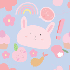Seamless Pattern with Cartoon Rabbit Face and Heart Design on Pastel Blue Background