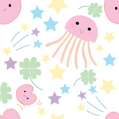 Seamless Pattern with Cartoon Design on Pastel White Background