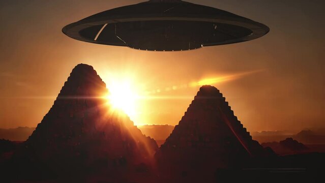 Flying saucer UFO above Pyramids at sunset
Large saucer craft flying above Pyramids at sunset, cinematic view, 2023
