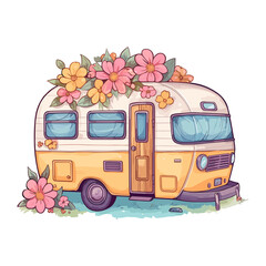 Super cute Spring Caravan, Summer Holiday Caravan Traveling Sticker, truck travel, Travel trailer illustration.	