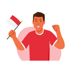 Excited man celebrating Indonesian independence day holding flag wearing shirt