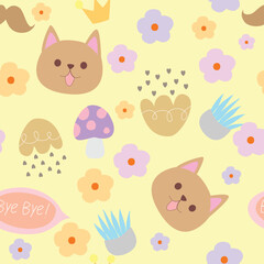 Seamless Pattern with Cartoon Dog Face and Flower Design on Pastel Pink Background