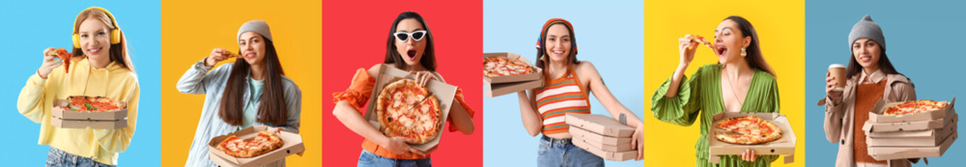 Set of young women with tasty pizzas on colorful background
