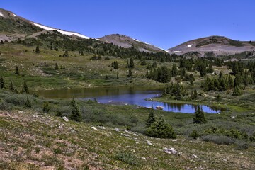 Nature undisturbed during a remote hiking to Lost Lake, Colorado. Clear, blue skies are prevalent with some snow atop the higher elevations. 