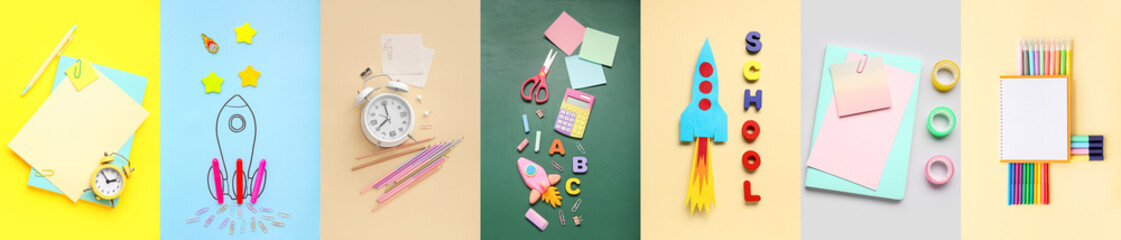 Collage of school stationery with alarm clocks and rockets on color background
