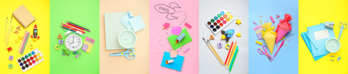 Collage of school stationery with alarm clocks, cones and rockets on color background