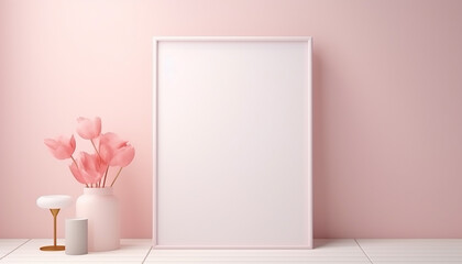 Room with pink wall and flowers, white canva, 3d illustration, mockup, created witt ai generative