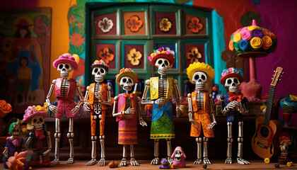 Mexican artesanal skulls and bones family in a party, traditional and culture, day of the death,  souvenirs, created with ai generative technology