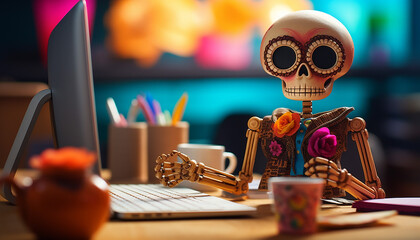 Mexican artesanal skull working at the office, traditional souvenirs, day of the death, created with ai generative technology