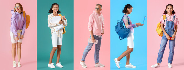 Set of different students on color background