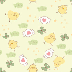 Seamless Pattern with Cartoon Design on Pastel Green Background