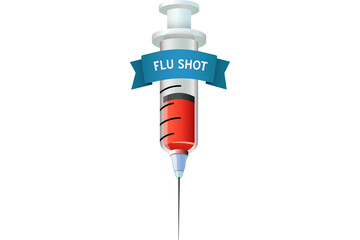 Digital png illustration of syringe with flu shot text on transparent background - obrazy, fototapety, plakaty
