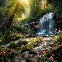 Fototapeta na wymiar Golden Glow Waterfall: Serene Scene with Soft Lighting