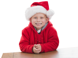 Digital png photo of caucasian boy wearing santa claus hat on transparent background
