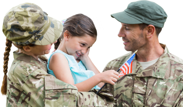 Digital png photo of caucasian male and female soldiers with daughter on transparent background