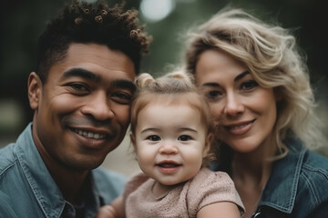 Interracial family, portrait of multi ethnic parents with cute daughter outdoors