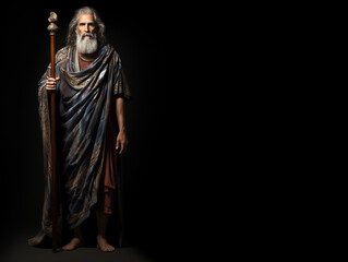 Prophet isolated on black background, holding staff. Copy space.