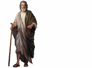 Prophet isolated on white background, holding staff. Copy space.