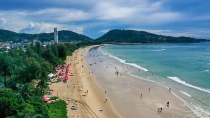 Aerial View With Drone. Tourists at Patong beach in Phuket Island, Thailand.